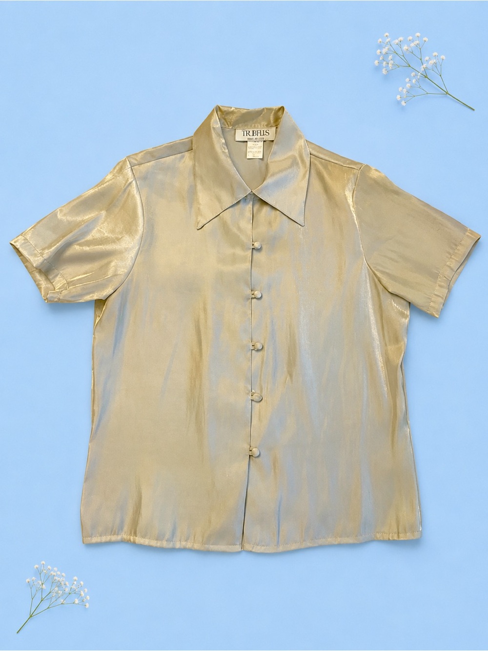Truffles Silver Metallic Button Front Blouse Size Small Vintage Made in USA